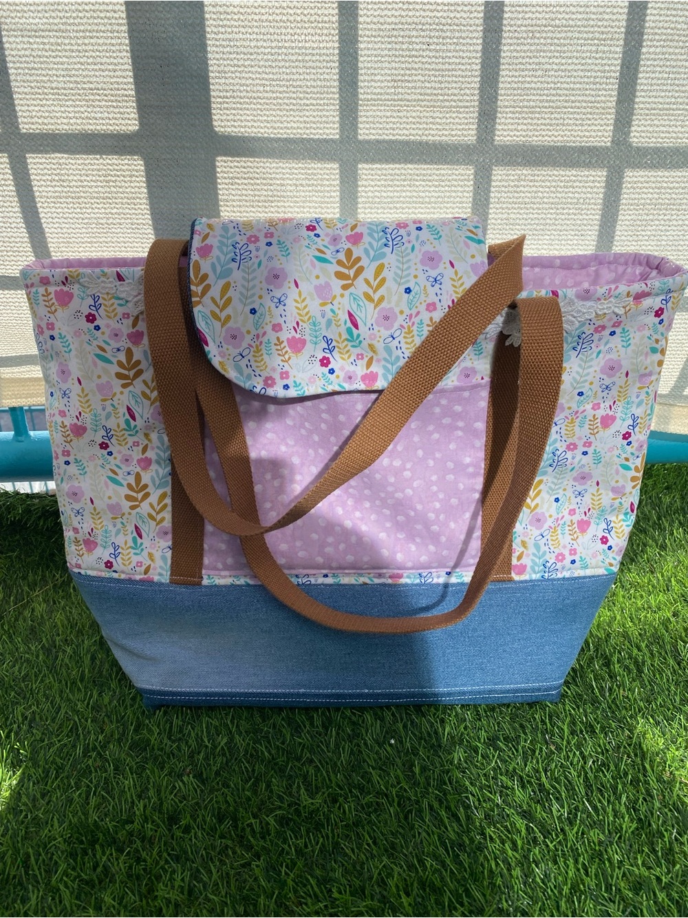 Floral Patchwork Tote Bag - Pink, Denim & Tan Straps